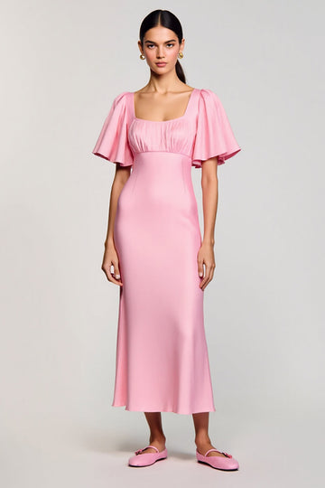 Pink Sheath Chiffon Square Neck Wedding Guest Dress
